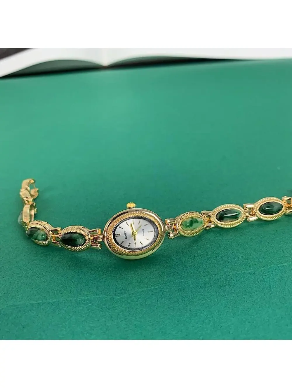 Y2K Gold Green Dainty Quartz Opal Jade Watch 8 Inch Unisex